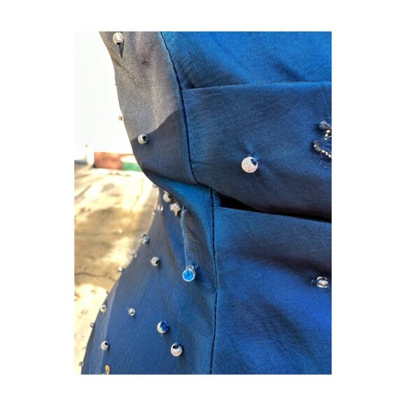 Bella Formals Satin Iridescent Blue Grad Dress Prom Fit & Flare Embellished Gold - Picture 10 of 16